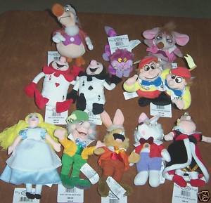 Rare Alice in Wonderland Set of 11 Plush Bean Bag Dolls Including Queen of Hearts, Cheshire Cat, White Rabbit, Dodo Bird, Dormouse, Red Ace, Black Ace, Alice, Mad Hatter, March Hare, Tweedle Dee and Tweedle Dum