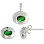 Sterling Silver Matte-finish Oval-shaped Earrings (7mm tall) & Pendant (13mm tall) Set, w/ Oval Cut Emerald-colored CZ Stones