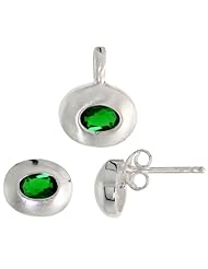 Sterling Silver Matte-finish Oval-shaped Earrings (7mm tall) & Pendant (13mm tall) Set, w/ Oval Cut Emerald-colored CZ Stones