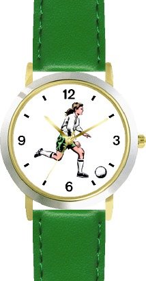 Woman or Girl Soccer Player Soccer or Fussball Theme - WATCHBUDDY® DELUXE TWO-TONE THEME WATCH - Arabic Numbers - Green Leather Strap-Size-Large ( Men