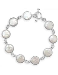 MMA Silver - 8 inch Cultured Freshwater Coin Pearl Toggle Bracelet