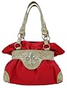 Red Rhinestone Fleur De Lis Cinch Handbag Tan Trim