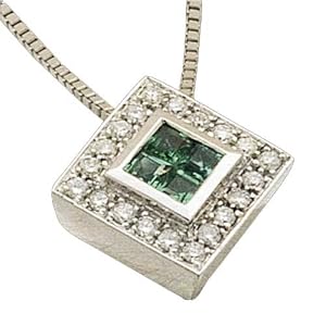 1/4Ct.T.W. Round Brilliant Cut Diamonds & Princess Cut Emerald, 14K White Gold. Diamond Necklace