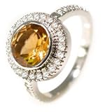18K White Gold Circle-Shape Citrine Color-Stone Ring, Enhanced with Pave Set Diamonds.