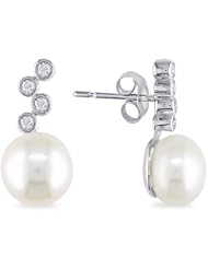 14k White Gold Freshwater White Pearl and Diamond Dangle Earrings (8.0-8.5 mm) (0.12 Cttw, H-I Color, I1-I2 Clarity)