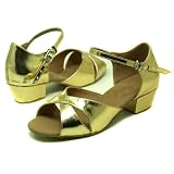 415Sf4 CzJL. SL160  Single band Gold PU of Child Girls Latin Dance Shoes Gold