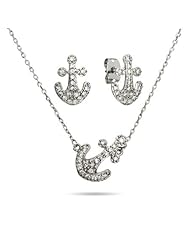 Sterling Silver Sideways Pave CZ Anchor Necklace and Earrings Set