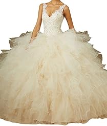 V-neck Beaded Applique Lace Spaghetti Strap Quinceanera Dress 