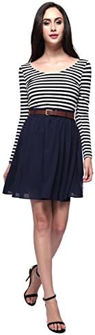 Women Slim Autumn Stripe Round Neck Long Belt Sleeve Casual Mini Dress S Navy