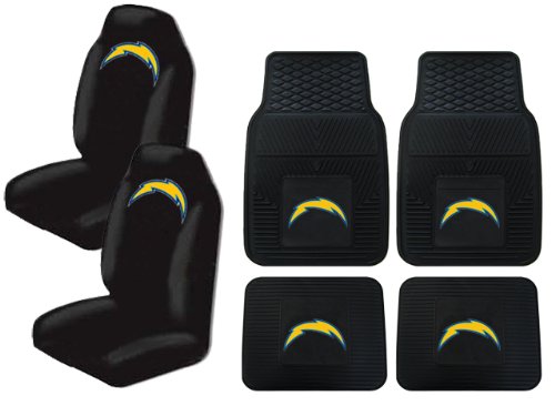 A Set of 4 NFL Universal Fit Front All-Weather Floor Mats and A Set of 2 Universal Fit Seat Covers - San Diego Chargers