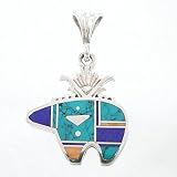 Turquoise, Spiny Oyster and Lapis Inlaid Bear Pendant in Sterling Silver by Ray Tracey, #8584