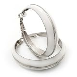 White Enamel Hoop Drop Earrings (Silver Plated Metal) - 4.5cm Diameter