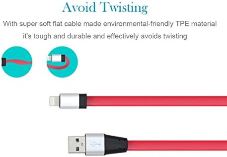 Mekago 2pcs 3ft Strengthened Extra Long Tangle-free Super Durable USB Charge&Sync Flat Data Cable Cord Wire - for iPhone 6, iPhone 6plus, iPhone 5, iPhone 5s, iPhone 5c, iPod Touch 5, iPad 4, iPad Air, iPad Mini with Authentication Chip Ensures Fastest Charging Speed. No Annoying Error Message, Lifetime Worry-free Guaranteed (Red)