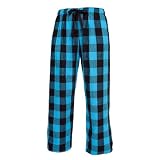 Electric Blue and Black tartan plaid check tie cord flannel cotton pants for lounging, sleep, sports. Unisex relaxed fit,