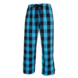 Electric Blue and Black tartan plaid check tie cord flannel cotton pants for lounging, sleep, sports. Unisex relaxed fit,