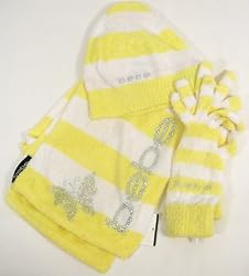 Bebe Hat Scarf Gloves Set Baby Fur 3 Pieces Yellow White Stripe Logo
