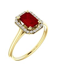 18K Yellow Gold 7.00x5.00mm Emerald Cut Chatham Created Ruby and Diamond Halo-Style Ring -- LIFETIME WARRANTY
