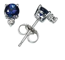 18k White Gold Round Sapphire (3.9 mm) Four Prong Earrings w/ Round Diamond (0.04ctw)