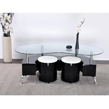 Table basse noire laquée + 2 poufs OPIO