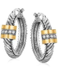18K Yellow Gold and Sterling Silver Diamond Italian Cable Style Hoop Earrings