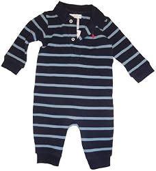 Infant Ralph Lauren Polo Long Sleeve Baby Rompler Navy with Blue Stripes and Red Pony