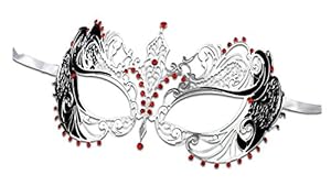 Luxury Mask Women's Laser Cut Metal Venetian Pretty Masquerade Mask, Silver/Red Stones, One Size