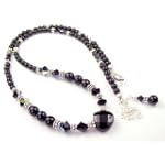 Black Onyx Beaded Gemstone Necklace w/ Garnet Crystals in .925 Sterling Silver - Adjustable