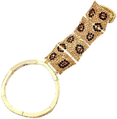 Goldtone and Black Animal Print Rhinestone Bracelet Hand Chain Slave Ring (Goldtone)