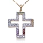 18k Yellow Gold Plated Sterling Silver Multi-Gemstone and Diamond Cross Pendant, 18"