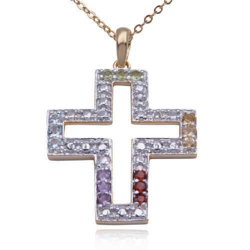 18k Yellow Gold Plated Sterling Silver Multi-Gemstone and Diamond Cross Pendant, 18"