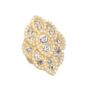 Matte Gold Plated Vintage Style Pave Fashion Strech Ring With Clear Crystals and Ivory Beads