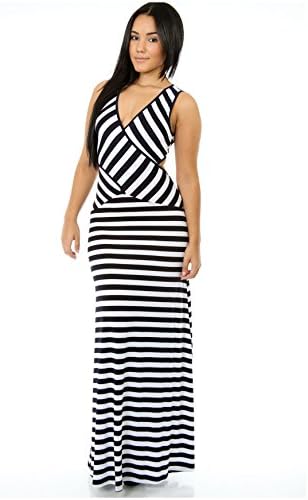 Womens Minimal Striped Maxi Dress Criss Cross Cut Out Back Sleeveless-Large