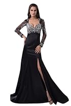 Hot Sale herafa Long sleeve A-Line Evening Gowns Sweep Length Train Delicate Beading Black Size:14