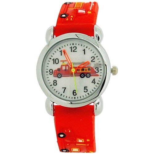 Montre Relda Garçon Bracelet en Silicone Rouge avec Camion de Pompier 3D
