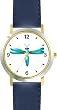 Teal or Indigo Dragonfly or Dragon Fly - JP - WATCHBUDDY&reg; DELUXE TWO-TONE THEME WATCH - Arabic Numbers - Blue Leather Strap-Size-Women's Size-Small