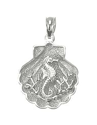 925 Solid Sterling Silver Nautical Necklace Charm Pendant, Shell With Mini Seahorse &