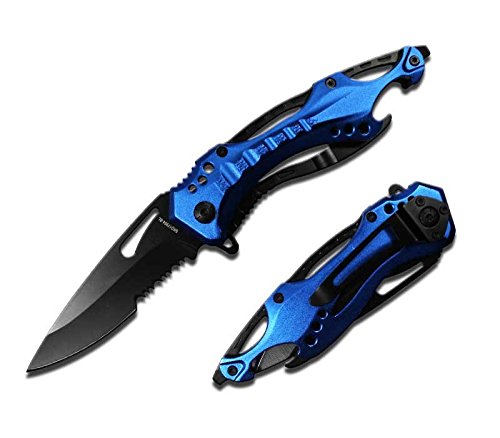 Rogue River Tactical Blue Police Style Rescue Folding Pocket Knife Multi Function Spring Assisted Opening Half-Serrated Black Blade, 4-1/2-Inch Closed Glass Breaker Bottle Opener Belt Clip