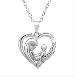 Mother Child Diamond Heart Pendant-Necklace in Sterling Silver
