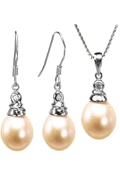 Crystal Top 8-9mm Drop Cultured Pearl Silver Pendant Necklace & Earrings Set, Peach
