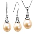 Crystal Top 8-9mm AAAA Drop Pearl Platinum Overlay CAREFREE Sterling Silver Pendant Necklace & Earrings Set, Peach