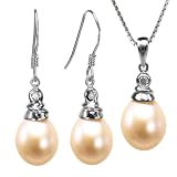 Crystal Top 8-9mm AAAA Drop Pearl Platinum Overlay CAREFREE Sterling Silver Pendant Necklace & Earrings Set, Peach