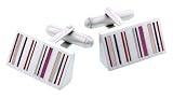 Silver plated brushed finish wedge shaped cufflinks with pink, purple and blue toned enamel in a barcode effect with presentation case