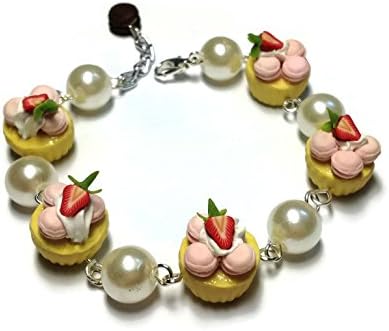 Sweetietiny Strand Bracelet Silver Plated Cupcake Macaron Pink Sweet Polymer Clay L6.5 Inch