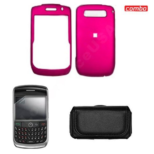 Blackberry Curve 8900 Javelin Combo Rubber Feel Rose Pink Protective Case Faceplate Cover + LCD Screen Protector + Black Horizontal Leather Pouch for Blackberry Curve 8900 Javelin