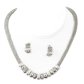 Silver Mesh Designer Style Beaded Choker Necklace Earrings Set