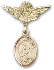 14K Gold Baby Badge with St. Perpetua Charm and Angel with Wings Badge Pin