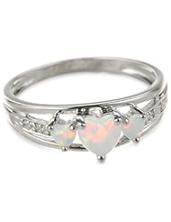 Three Heart Shape .018 Diamonds cttw in Silver Created Opal Ring, Size 6
