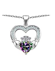 Celtic Love by Kelly (tm) Hands Holding 8mm Crown Heart Claddagh Pendant with Rainbow Mystic Topaz in 925 Sterling Silver