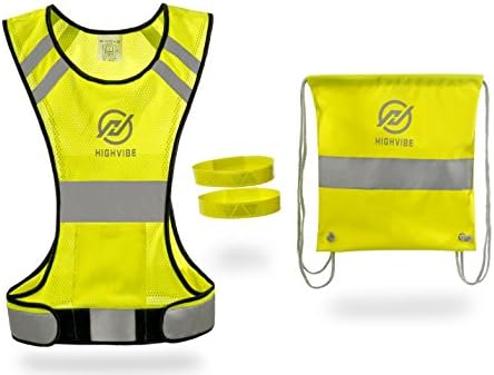 Reflective Running Vest with Enhanced Fit, Ideal for Running Cycling Jogging Dog Motorcycle Walking by HighVibe, Fluorescent Yellow, High Visibility Gear for Men and Women with 2 Sport Arm Bands