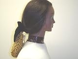 Sn125, Hand Crocheted Gold Metallic Dress Snood Trimmed with Black Velvet Bow on French Clip for Women and Teens